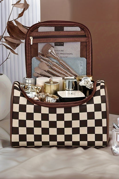 Checkered Zipper Large Cosmetic Bag with Handle