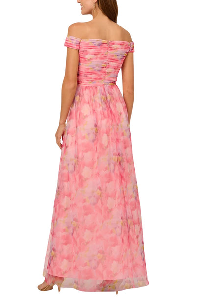 Adrianna Papell Floral Print Tulle Off-The-Shoulder A-Line Dress
