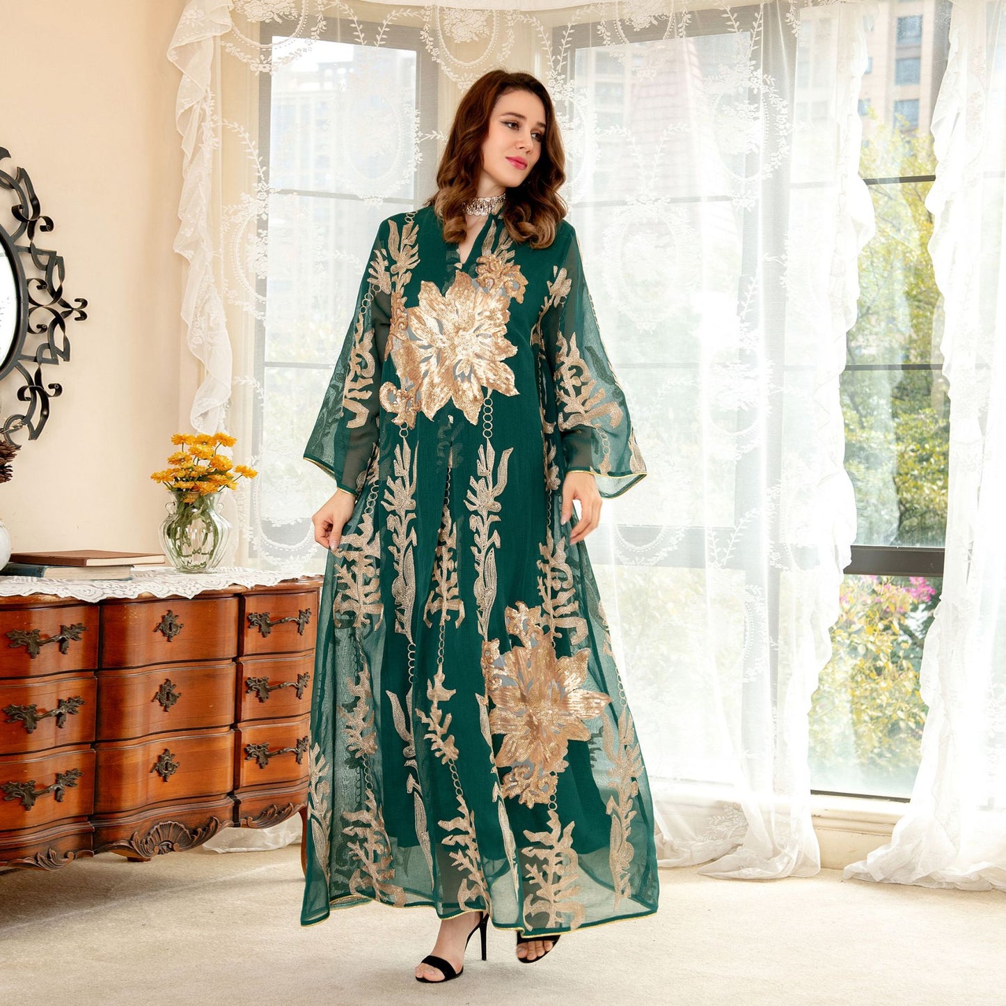 Arabian Pearl Sequin Embroidered Middle East Dubai  Luxury Dress