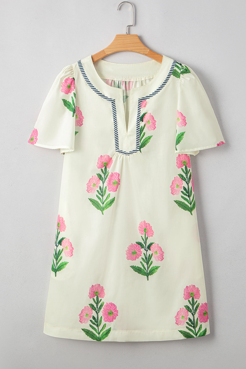 Apricot Striped Trim Short Sleeve Split Neck Floral Mini Dress