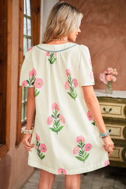 Apricot Striped Trim Short Sleeve Split Neck Floral Mini Dress