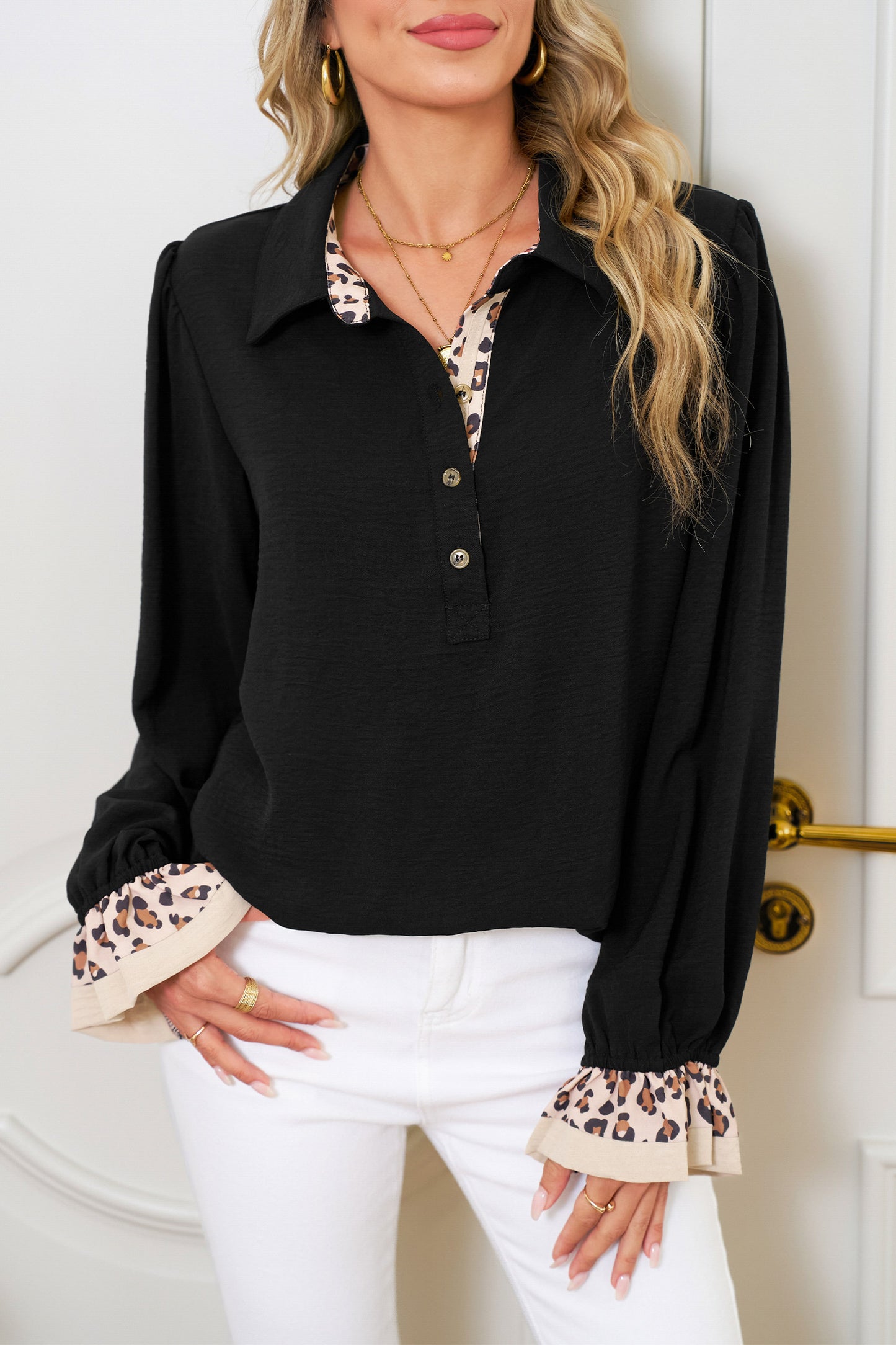 Black Leopard Contrast V Neck Long Sleeve Blouse