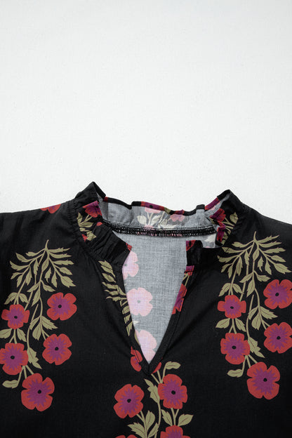 Black Floral Short Bubble Sleeve Tiered Maxi Dress