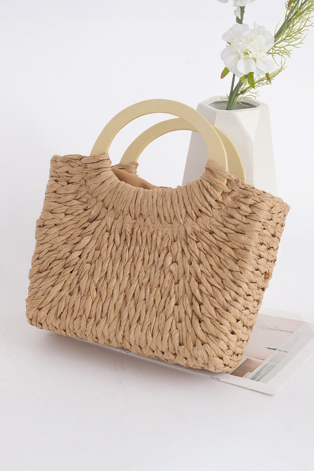 Camel Retro Straw Woven Tote Bag