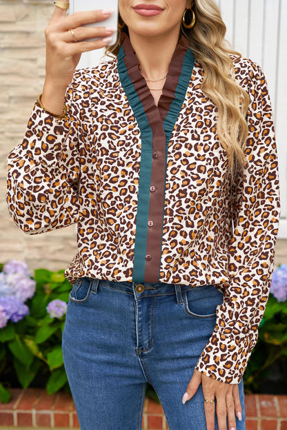 Brown Leopard Print Frill Stand Neck Button Long Sleeve Shirt