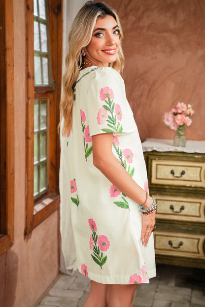 Apricot Striped Trim Short Sleeve Split Neck Floral Mini Dress