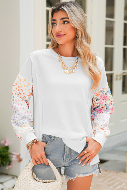 White Floral Dotted Print Patchwork Sleeve High Low Sweatshirt