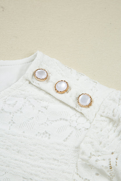 White Lace Floral Round Neck Puff Sleeve Shift Mini Dress