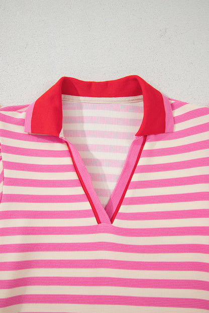 Sachet Pink Striped Ruffle Short Sleeve Pop of Color Neckline Dress