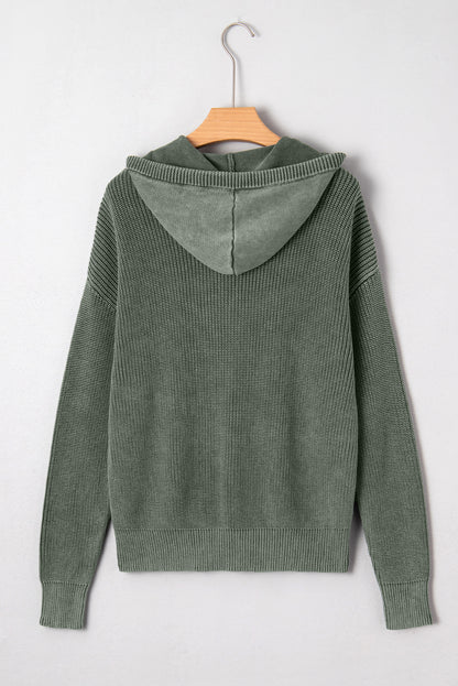 Mist Green Mineral Wash Ribbed Knit Drawstring Hooded Sweater