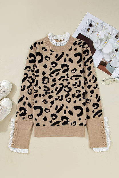 Brown Leopard Pattern Lace Trim Ribbed Detail Button Cuffed Sweater