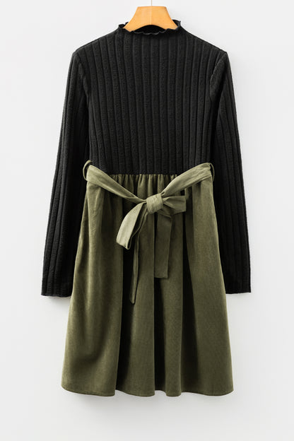 Black Ribbed Knit Slim Bodice Contrast Flared Skirt Patchwork Belted Dress