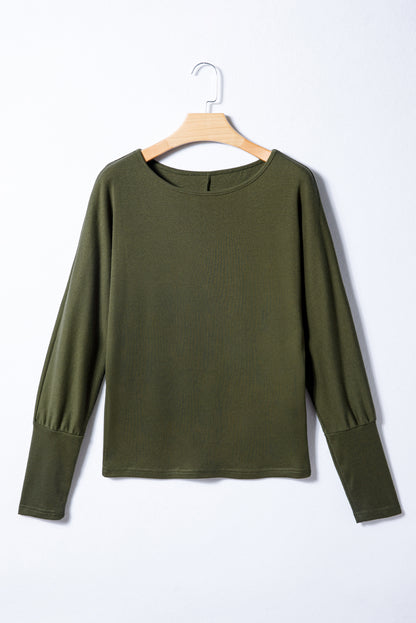 Green Solid Color Round Neck Dolman Sleeve Top