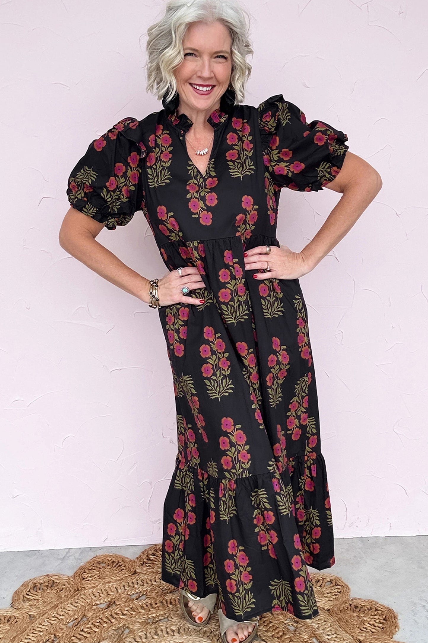 Black Floral Short Bubble Sleeve Tiered Maxi Dress