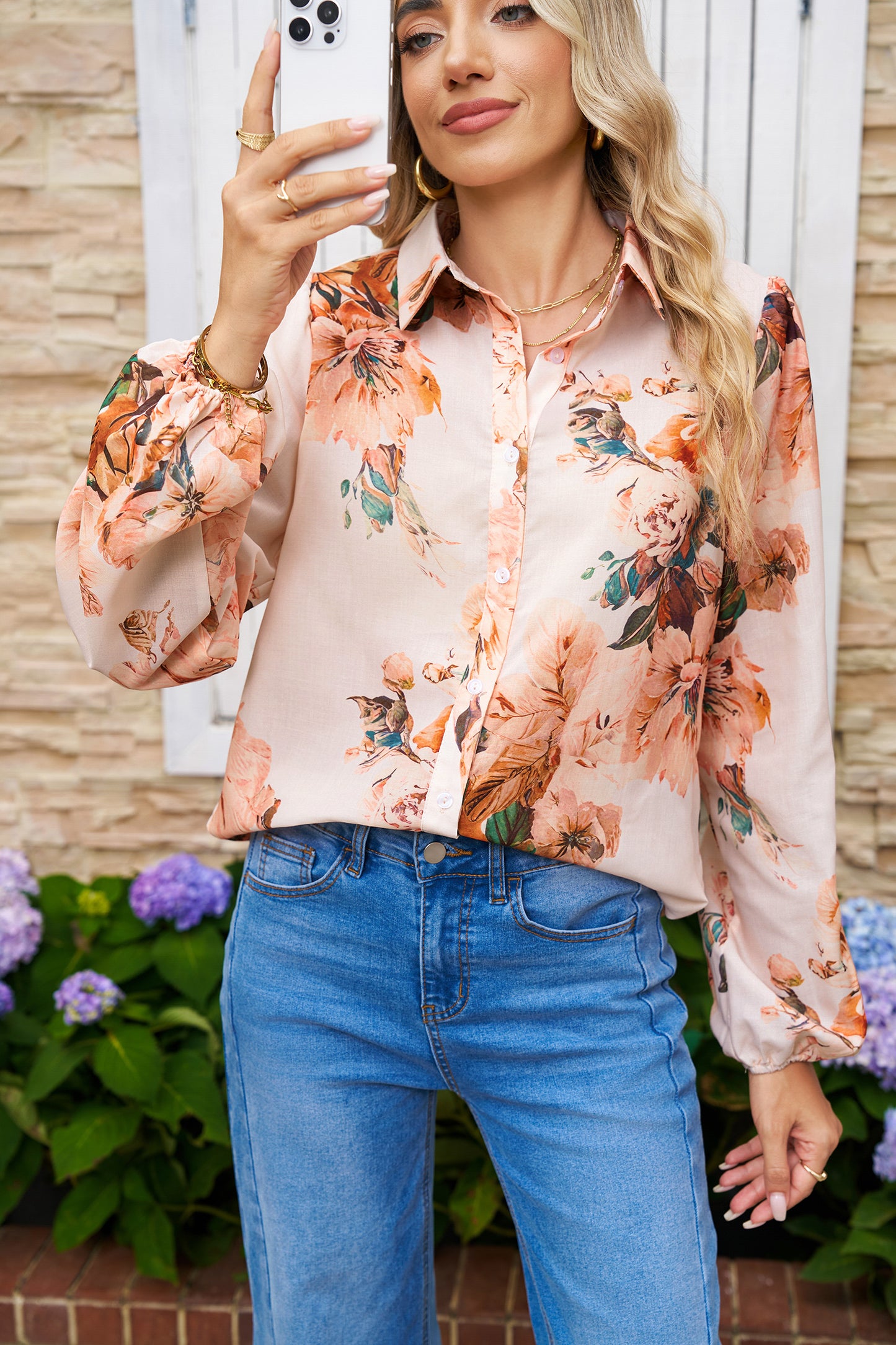 Orange Floral Puff Sleeve Lightweight Shirt
