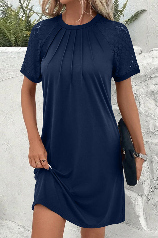 Navy Blue Contrast Lace Raglan Sleeve Pleated Mini Dress