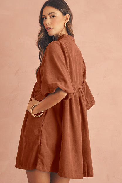 Gold Flame Light Snap Button Empire Waist Lantern Sleeve Corduroy Dress