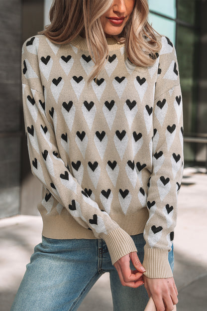 Parchment Geometric Heart Print Ribbed Trim Loose Sweater