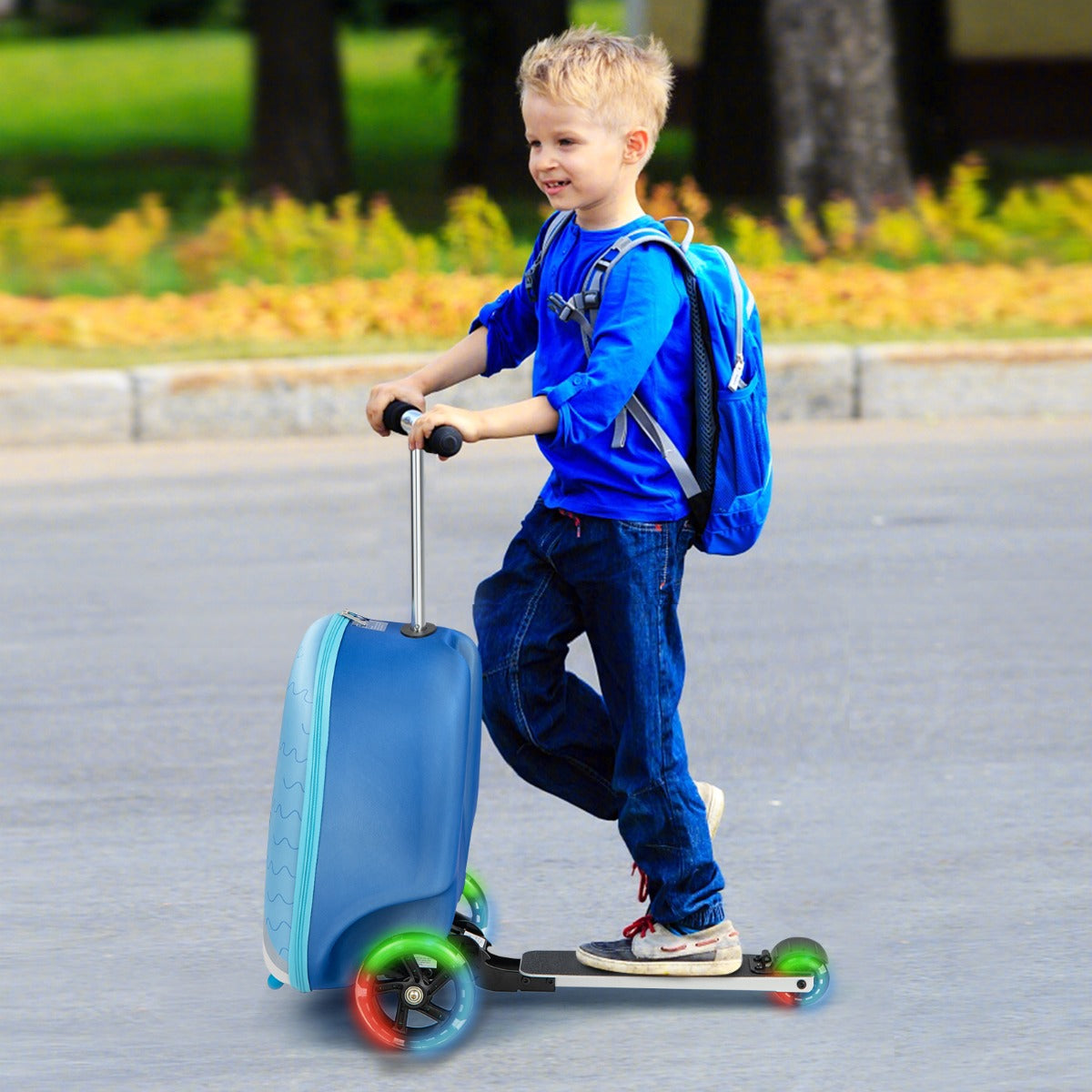 NNECW 2-IN-1 Skateboard Luggage with 3 Color Lighted Wheels for Kids-Blue